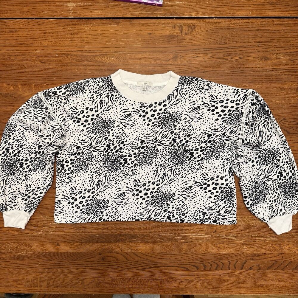 Joie Cropped Cheetah Sweatshirt Womens S Black White Animal 100% Cotton Boho